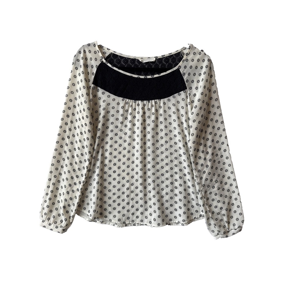 Lush Sheer Lace Yoke Floral Dot Print Long Sleeve Top Womens S Boho Chic Cottage
